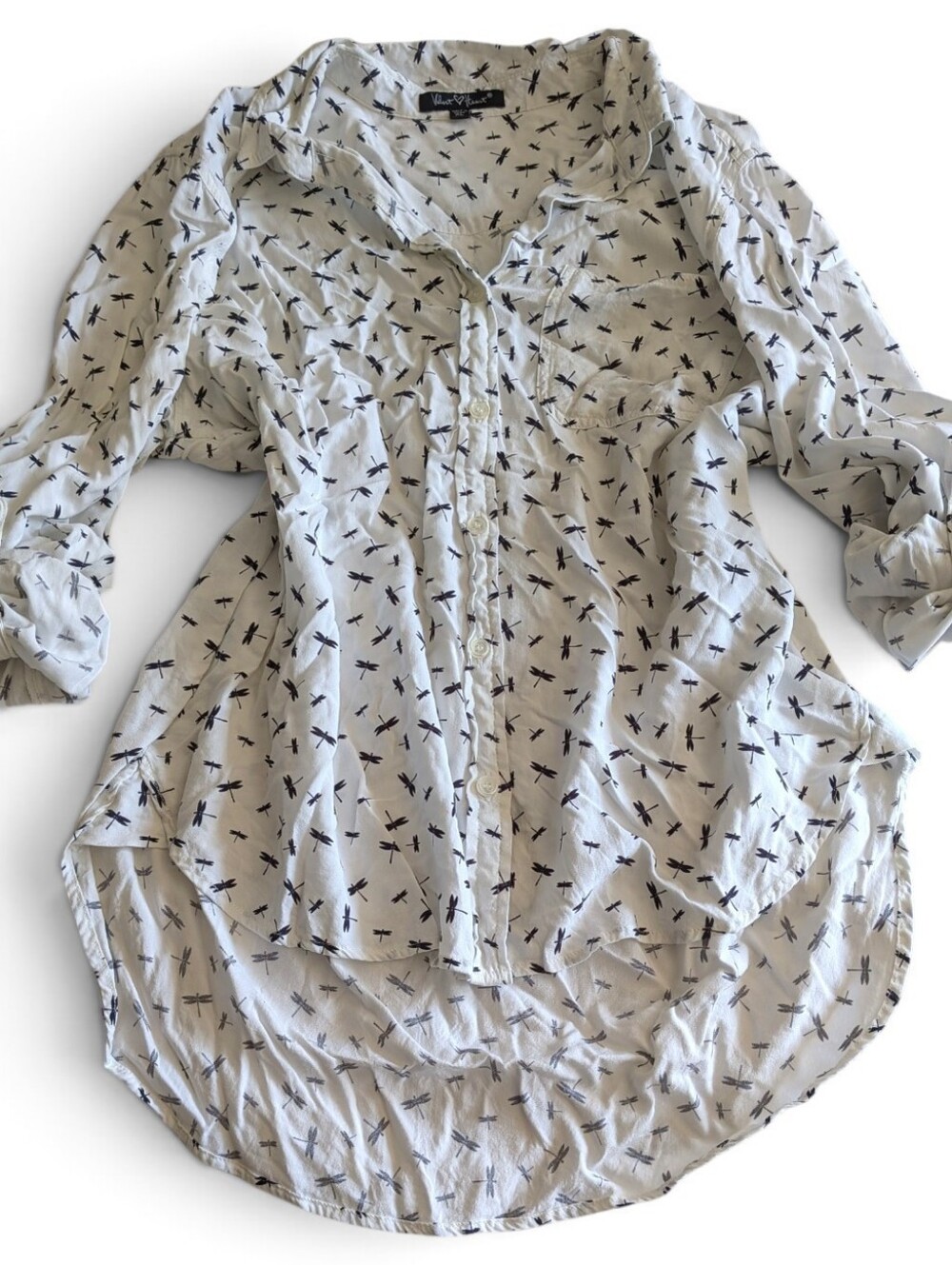 Velvet Heart 100% Rayon Dragonfly Print High Low Button Down Shirt Tunic Top XL